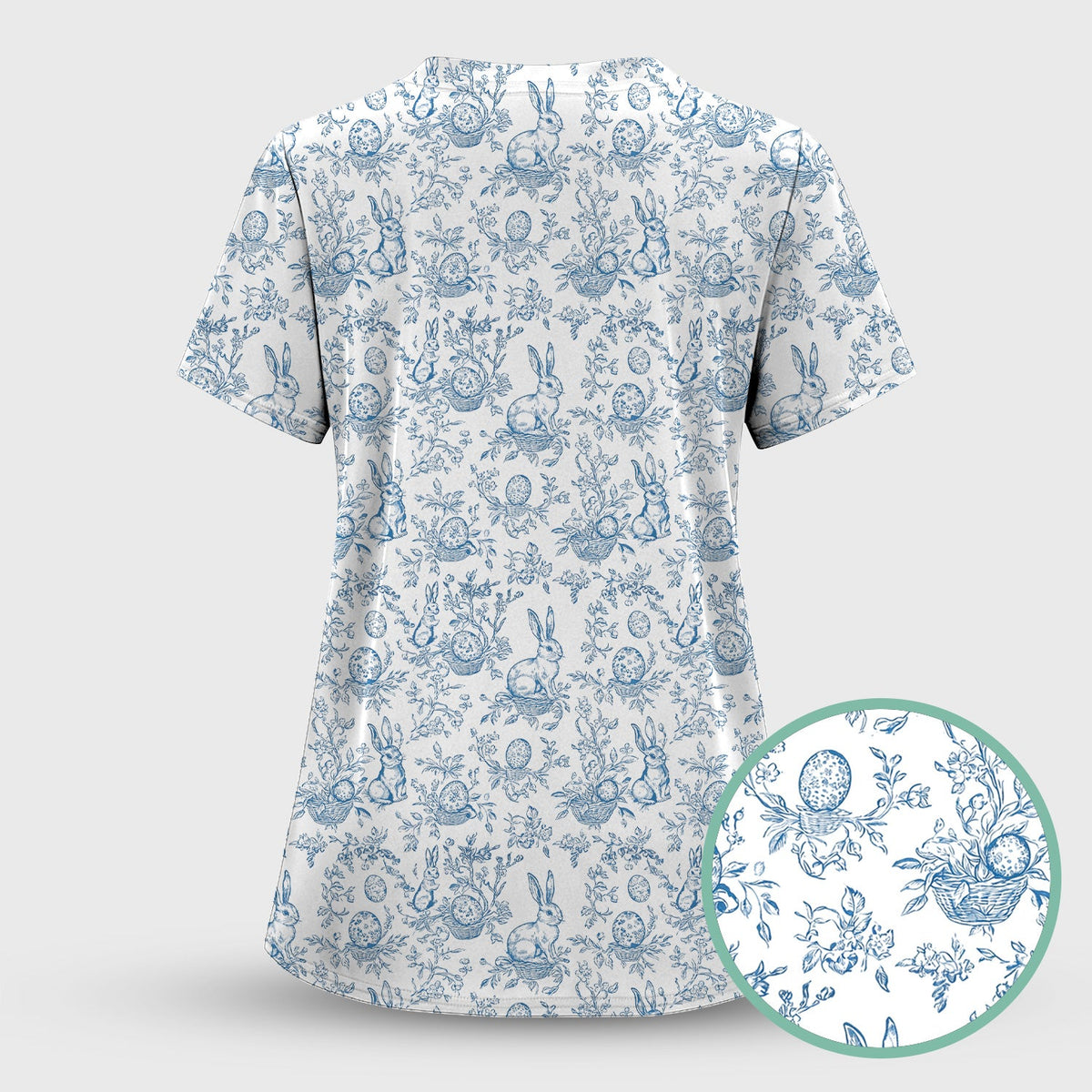 Bunny Floral Egg Toile Nurse Scrub Top - Easter Gift