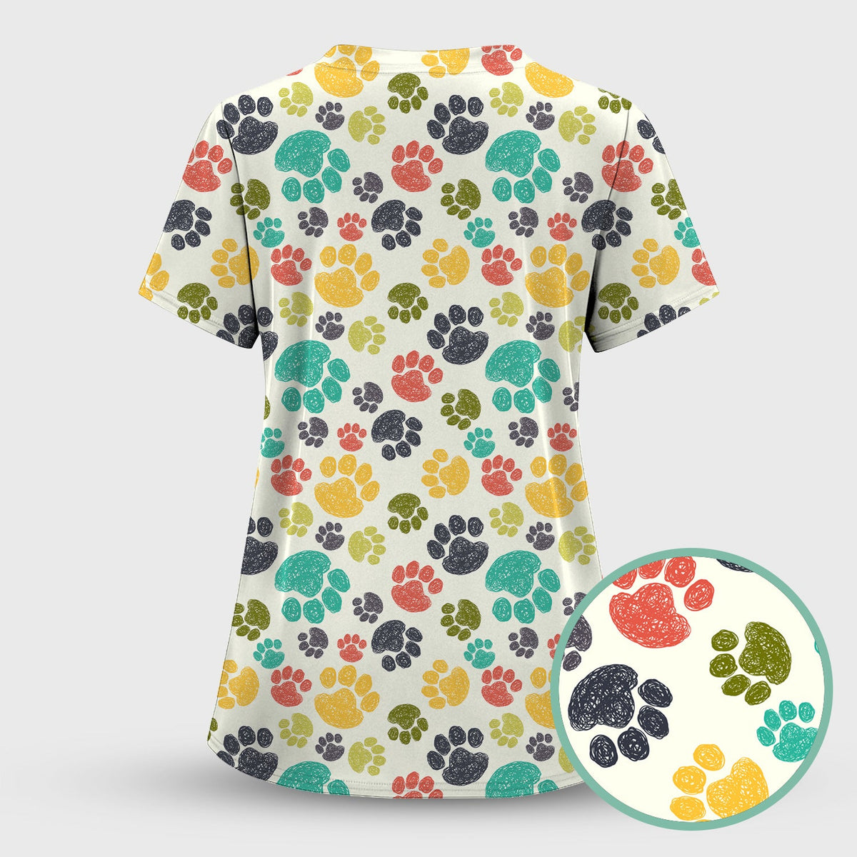 Colorful Paw Print Animal Pattern Scrub Top, Comfortable Scrubs for Nurses