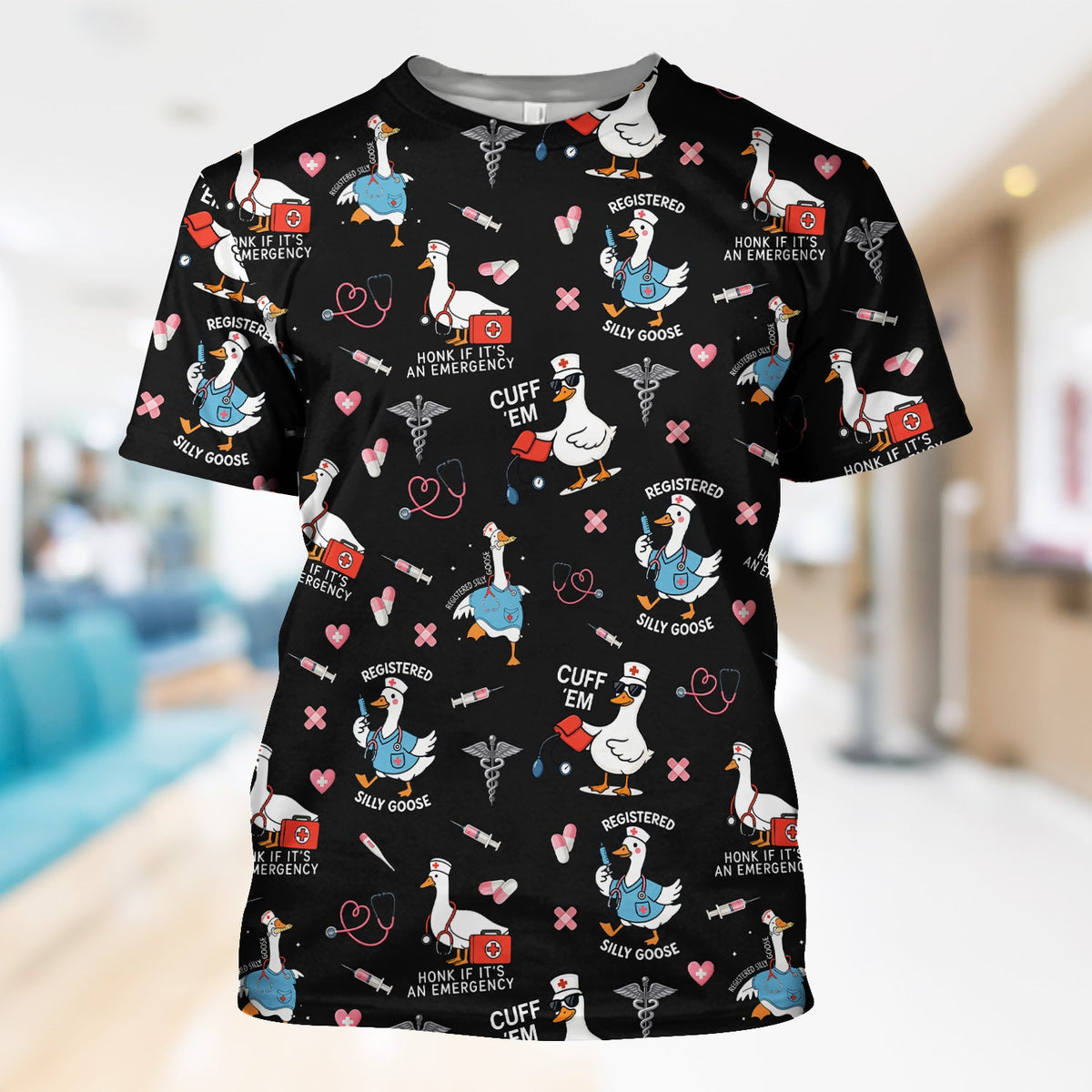 Goose Stethoscope Heart Nurse Scrub Top