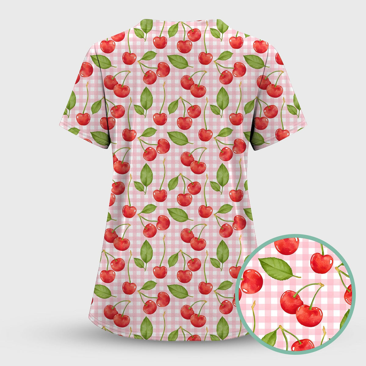 Sweet Red Cherry Gingham Pattern Scrub Top, Comfortable Scrubs for Nurses
