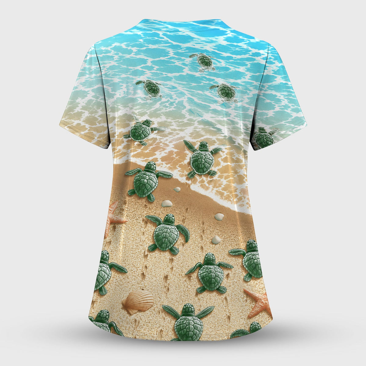 Coastal Sea Turtle Beach Pattern Scrub Set, Scrub Pants and V Neck Top