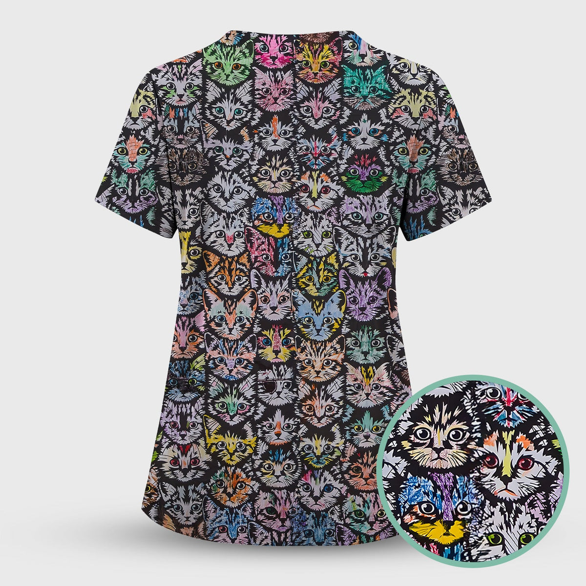Colorful Cat Faces Nurse Scrub Top