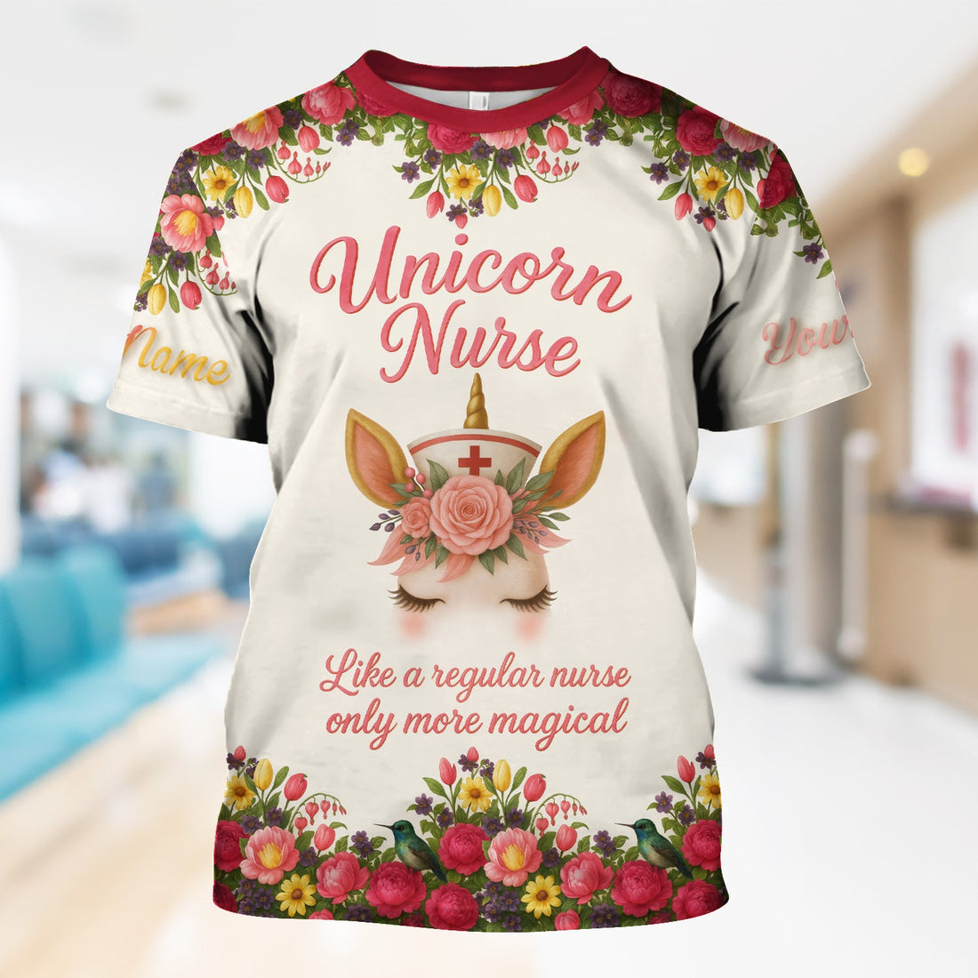 Personalized Unicorn Floral Nurse Shirt