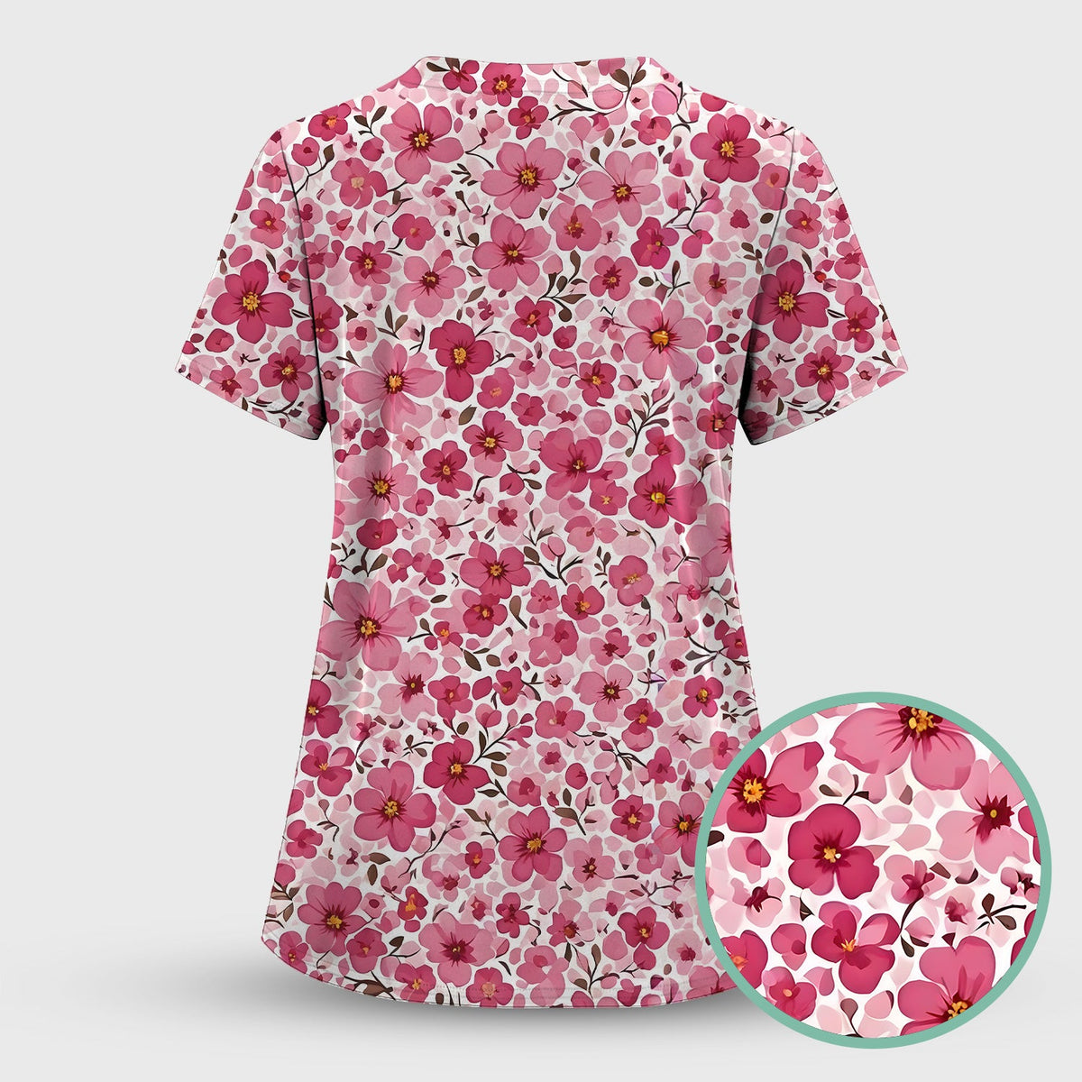 Pink Cherry Blossom Nurse Scrub Top