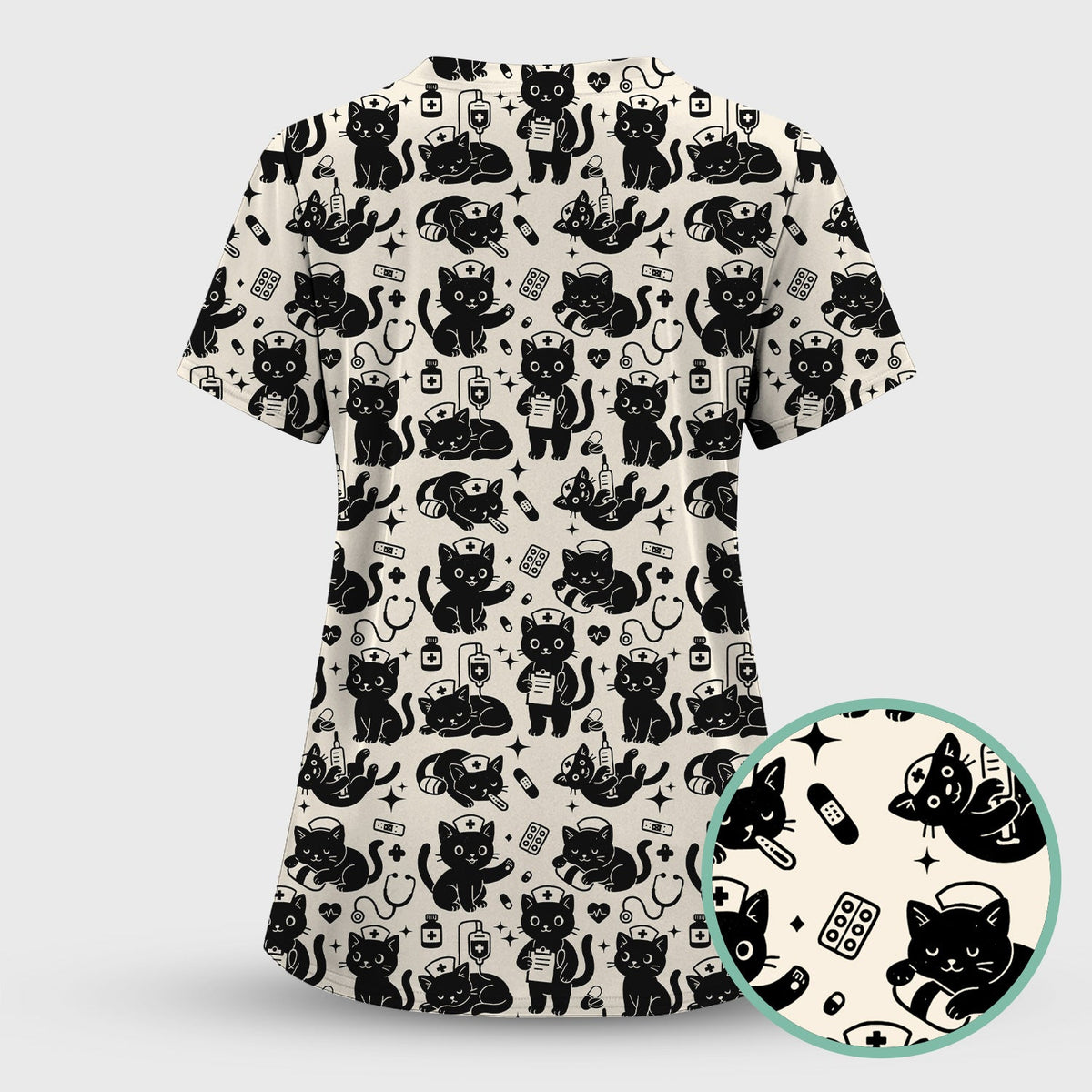 Cute White Black Cat Nurse Scrub Set