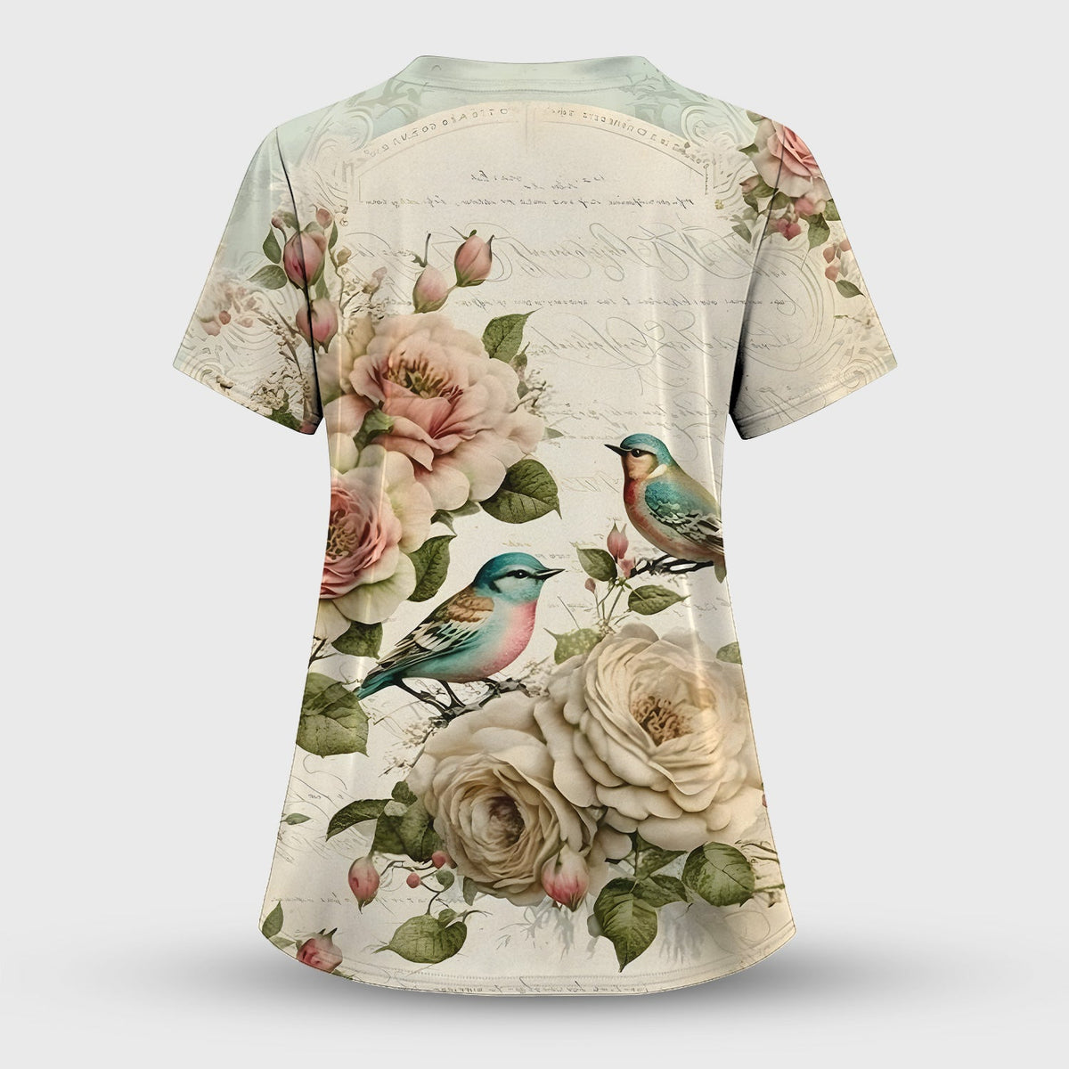 Vintage Birds Rose Nurse Scrub Top