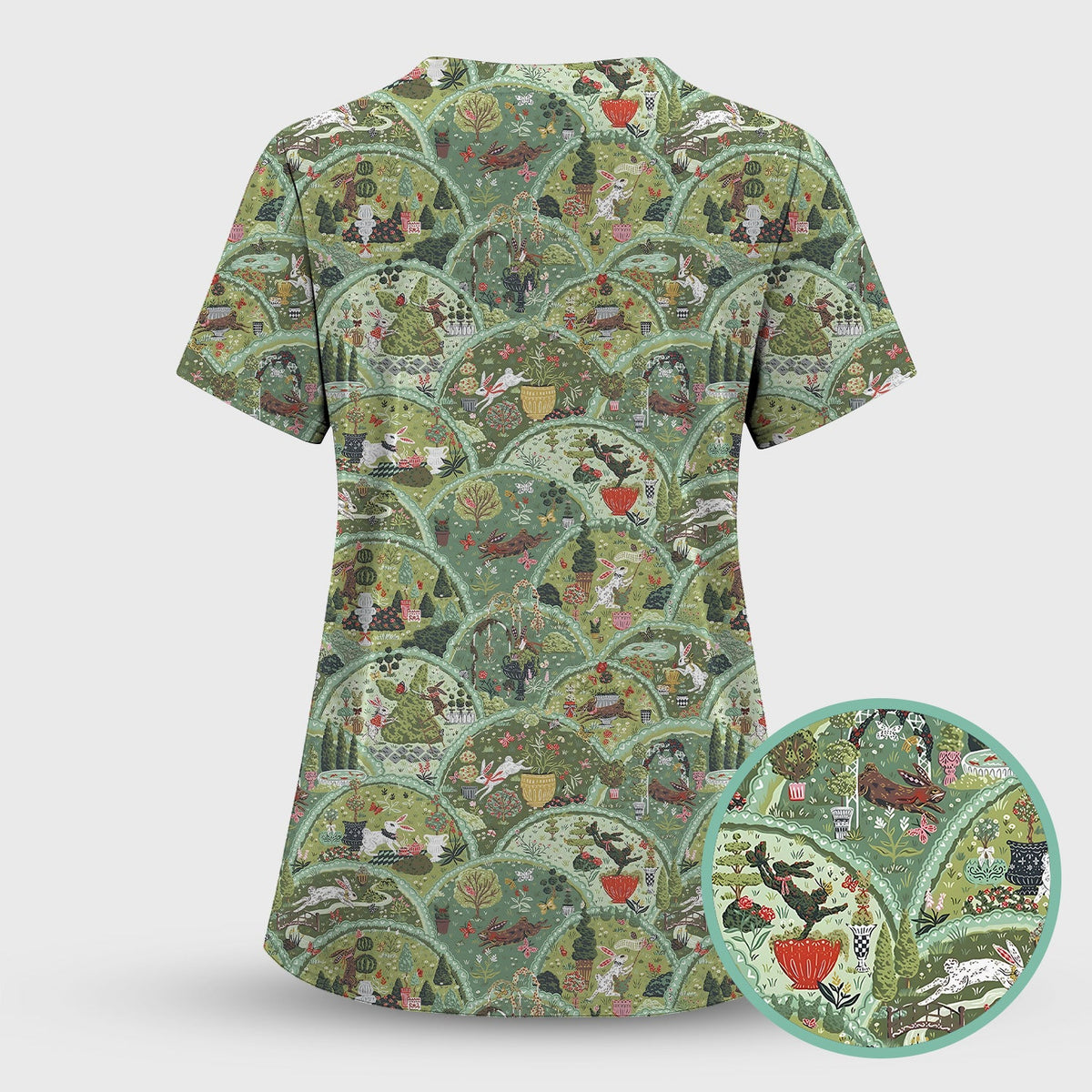 Whimsical Garden Scene Rabbit Nurse Scrub Set