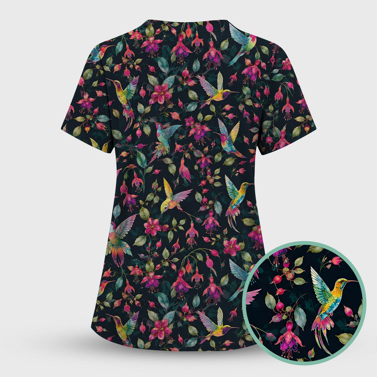 Hummingbird Fuchsia Bloom Nurse Scrub Top