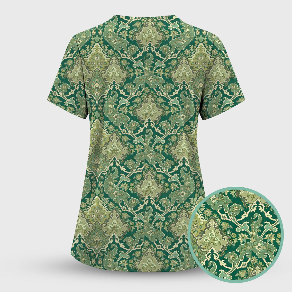 Green Vintage Damask Ornamental Nurse Scrub Set