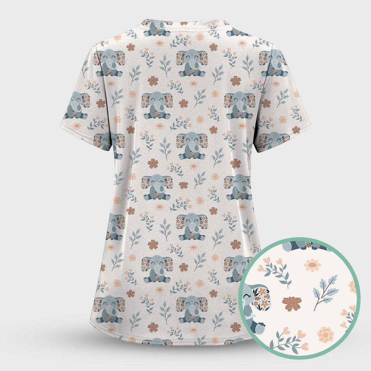 Cute Elephant Floral Print Scrub Set, Scrub Pants and V Neck Top