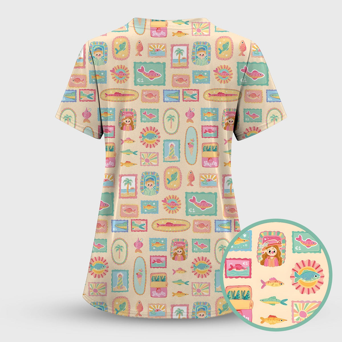 Coastal Vintage Postage Stamp Nurse Scrub Top