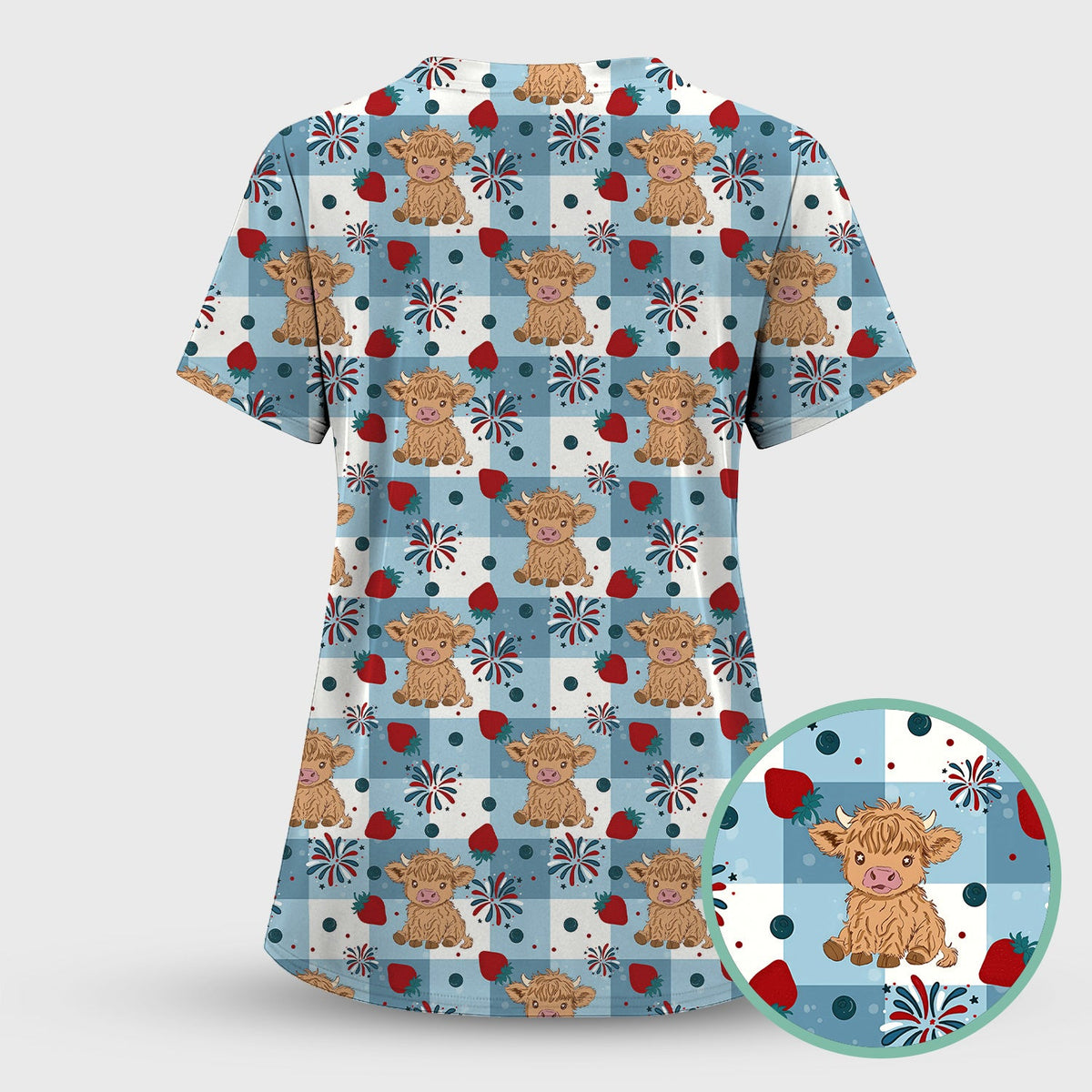 Highland Cow Strawberry Gingham Nurse Scrub Set