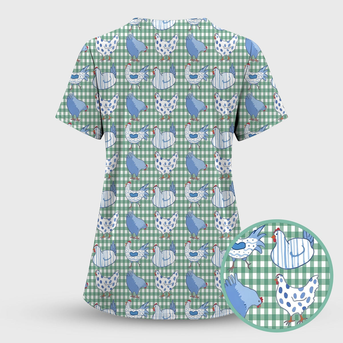 Blue Chicken Gingham Nurse Scrub Top