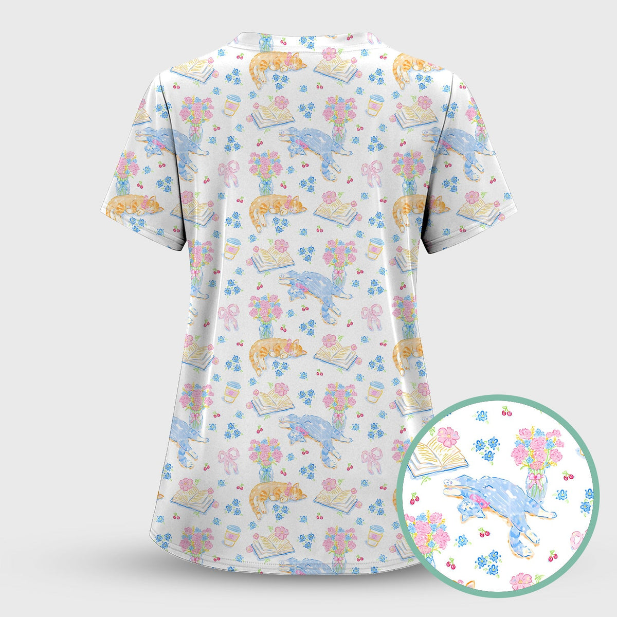Cats Reading Floral Books Nurse Scrub Set