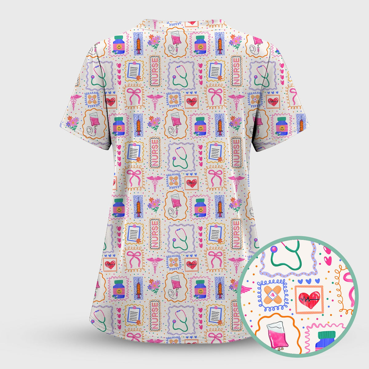 Colorful Nurse Medical Icon Pattern Scrub Top, Comfortable Scrubs for Nurses