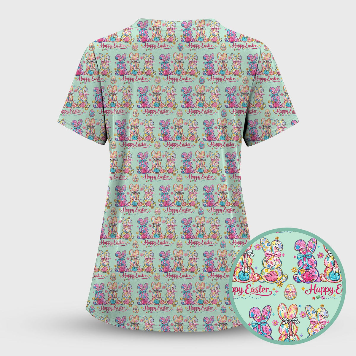 Pink Happy Easter Bunny Pattern Scrub Top, Comfortable Scrubs for Nurses