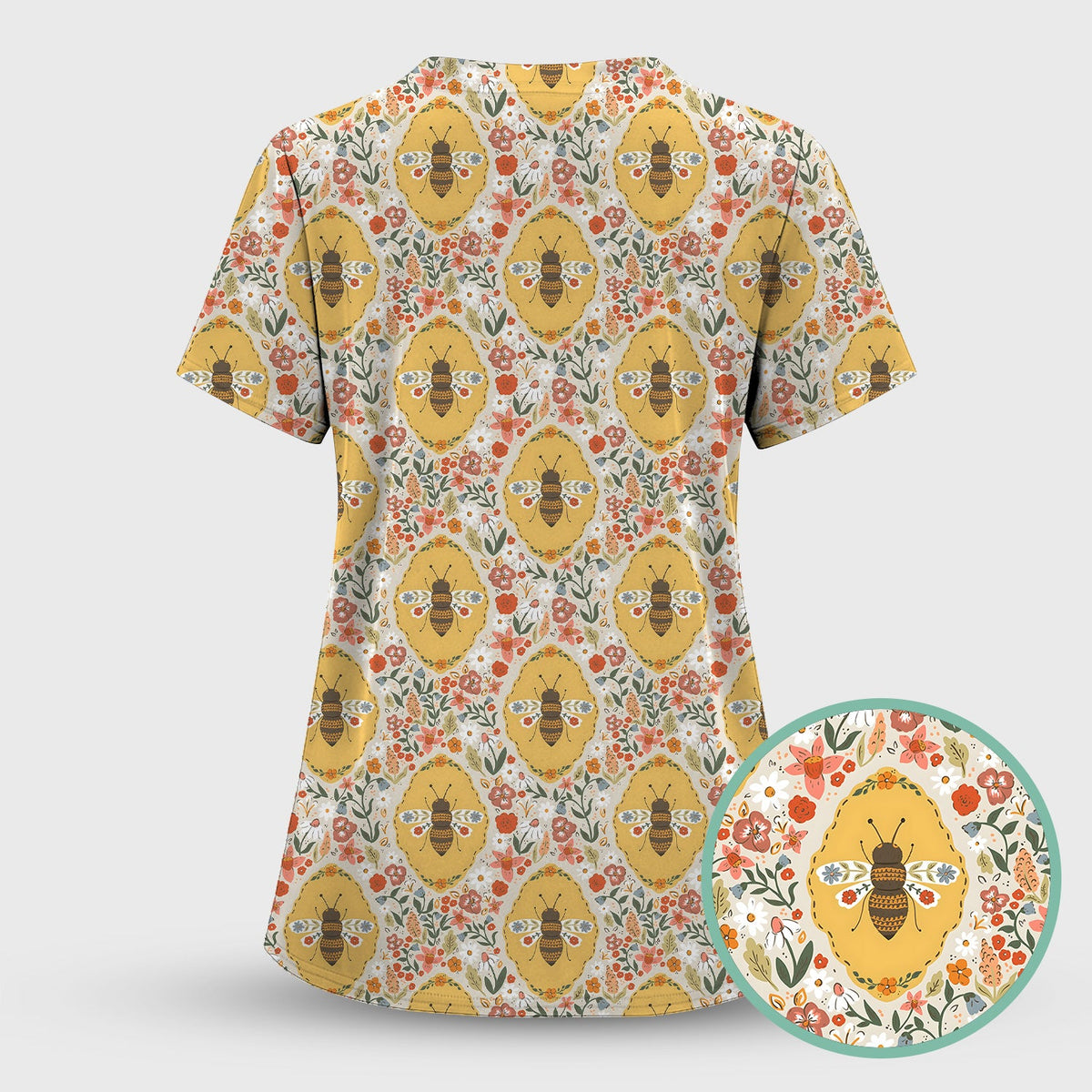 Vintage Honeybee Floral Garden Nurse Scrub Top