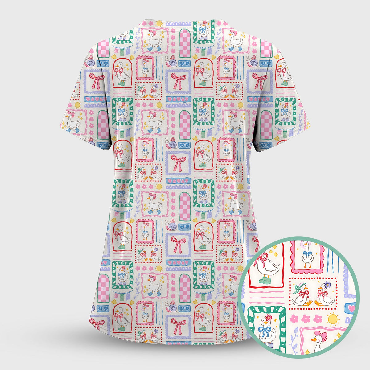 Adorable Goose Ribbon Patchwork Frame Nurse Scrub Set