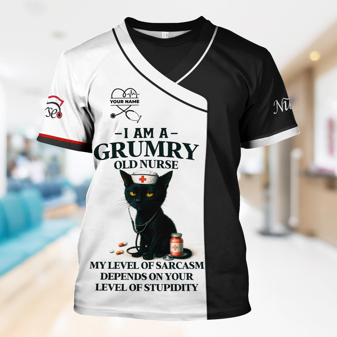 Personalized Grumpy Old Black Cat Nurse Scrub Top