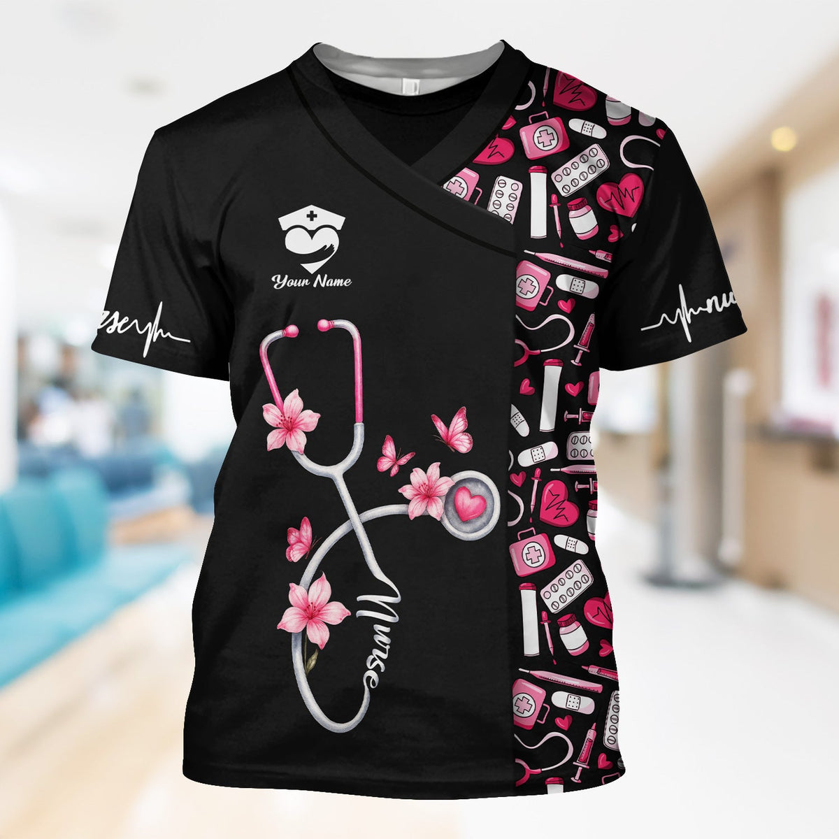 Custom Cute Floral Nurse Scrub Top for Women - Medical Uniform with Stethoscope Design - Comfortable Workwear for RN, CNA, LPN, Medical Staff