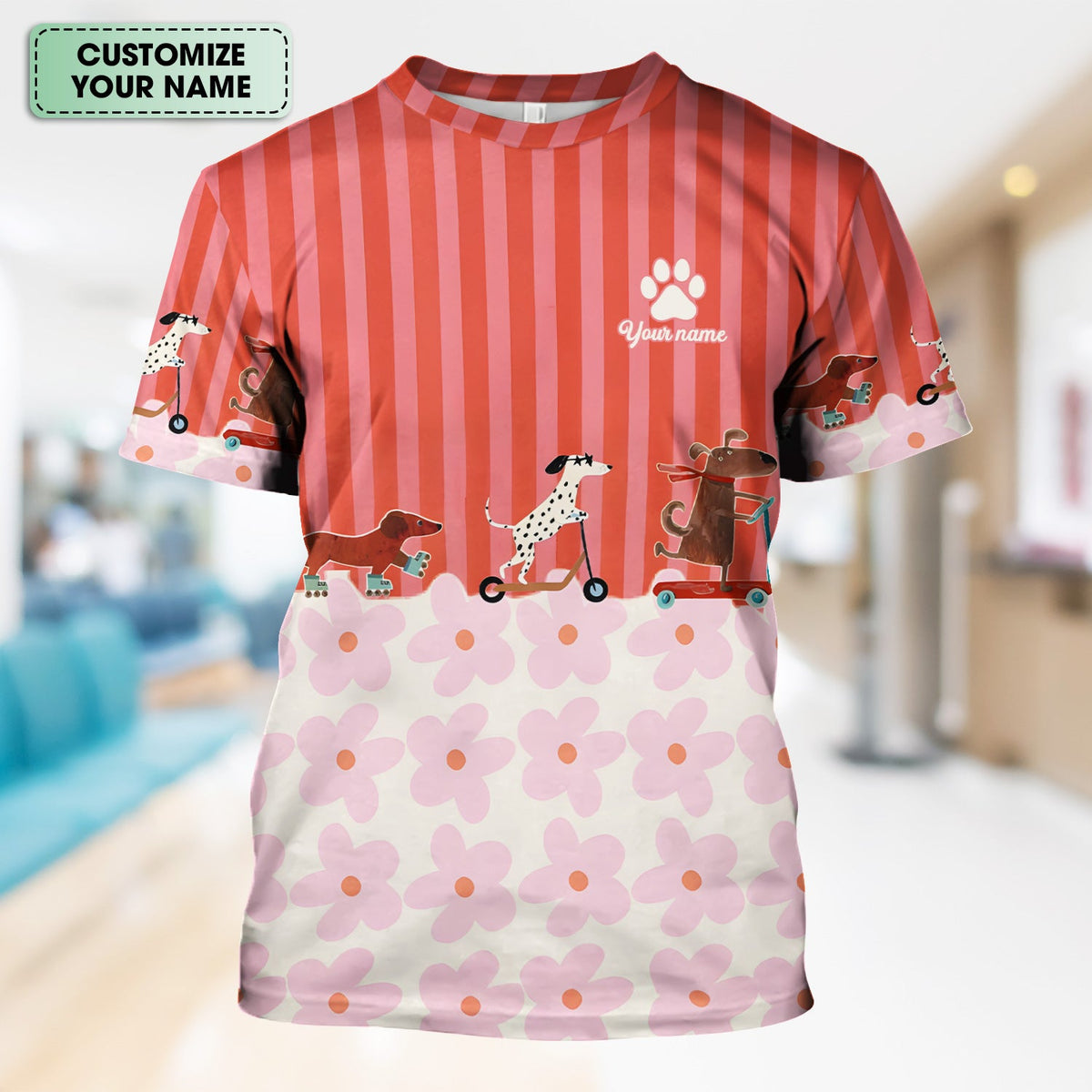 Personalized Dog Roller Skate Flower Nurse Scrub Top
