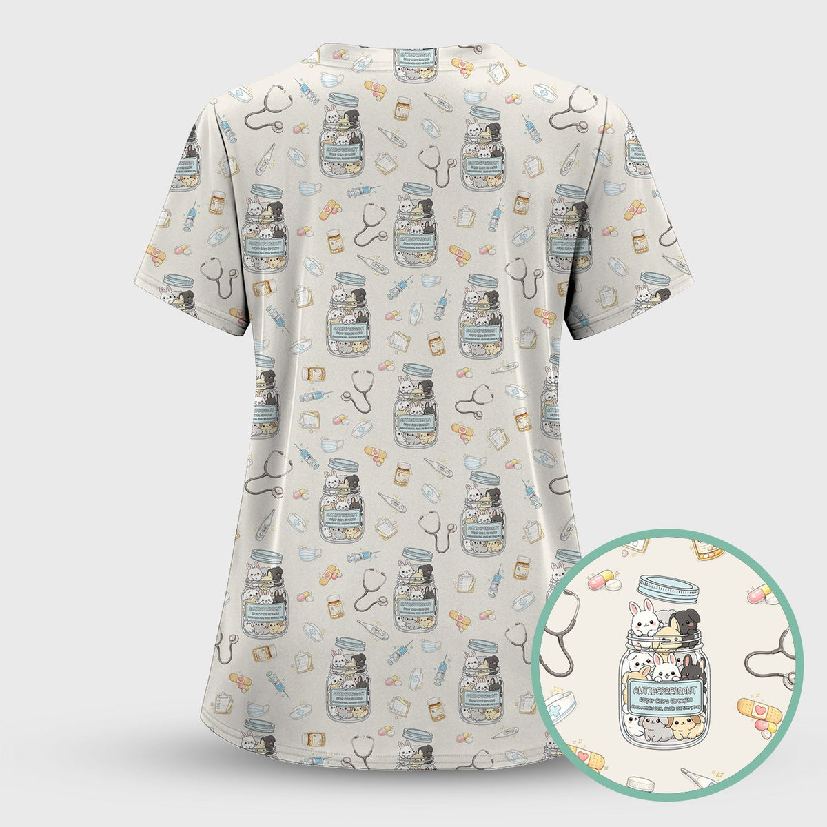 Whimsical Antidepressant Rabbit Jar Nurse Scrub Set
