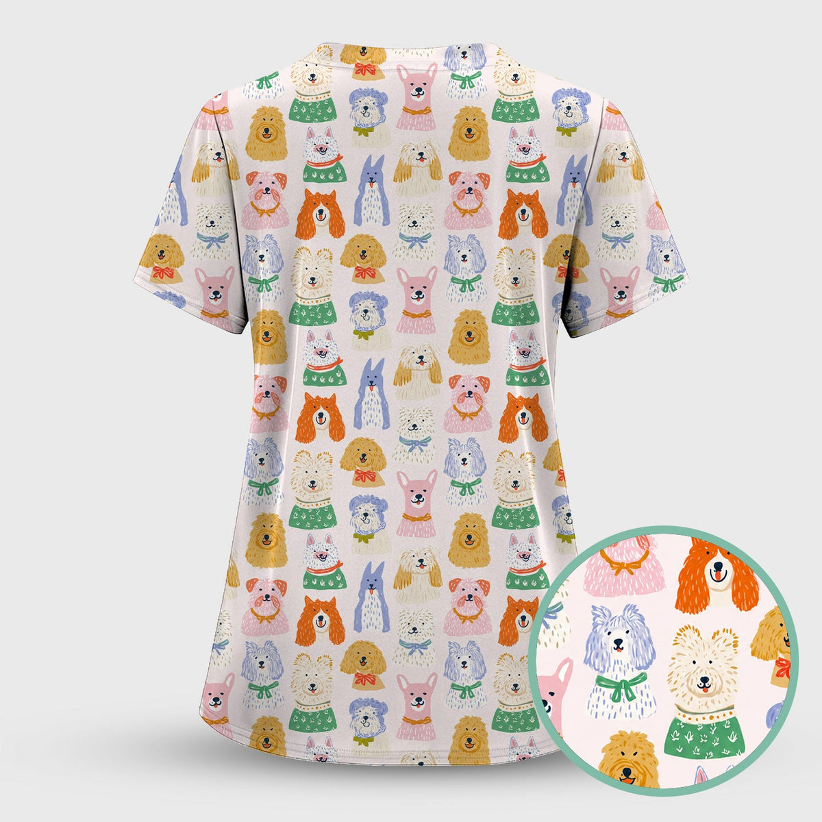 Colorful Dog Faces Cartoon Nurse Scrub Top