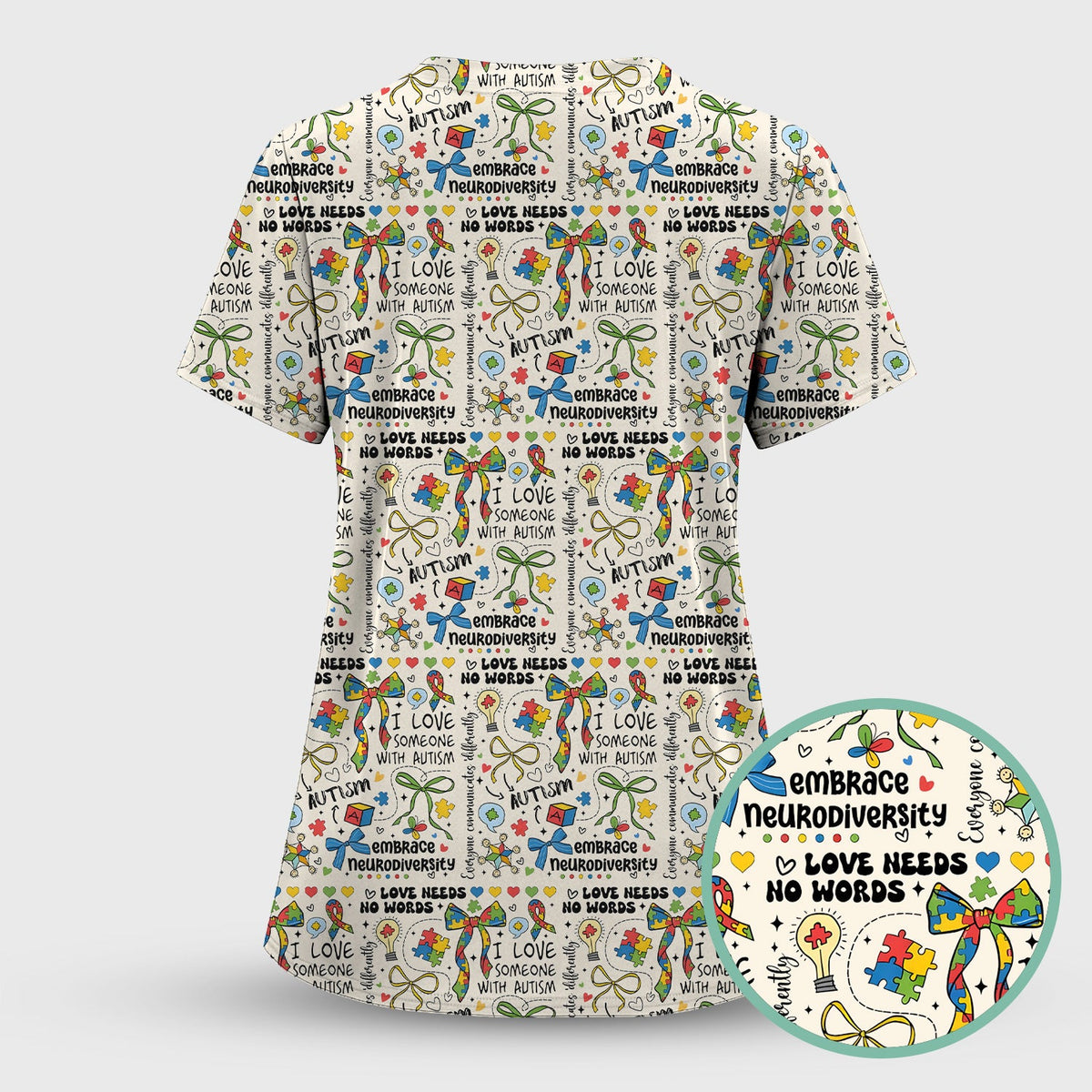 Autism Awareness Puzzle Ribbon Pastel Nurse Scrub Top