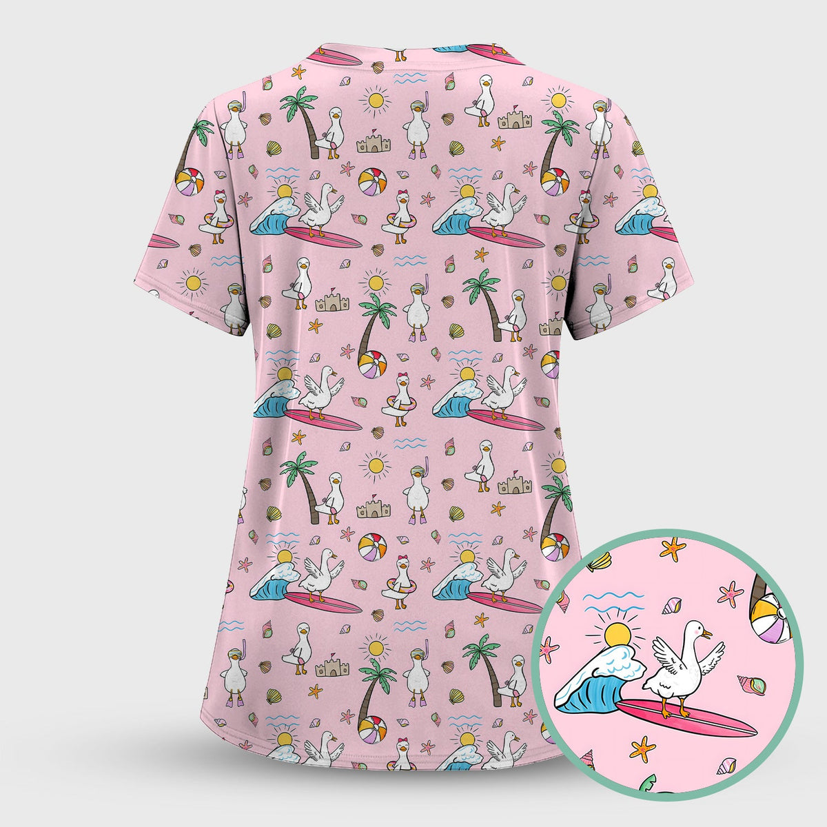 Seagull Surfboard Beach Palm Tree Nurse Scrub Set