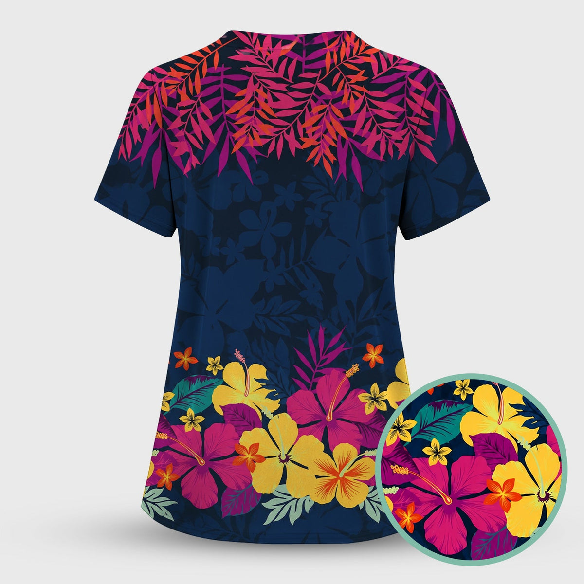Tropical Hibiscus Palm Leaf Nurse Scrub Top