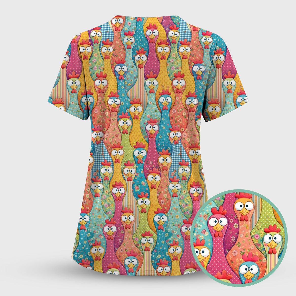 Funny Colorful Chicken Farm Cartoon Pattern Scrub Set, Scrub Pants and V Neck Top