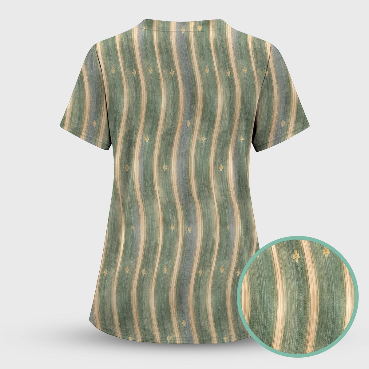 Nurse Green Vertical Stripe Floral Scrub Top