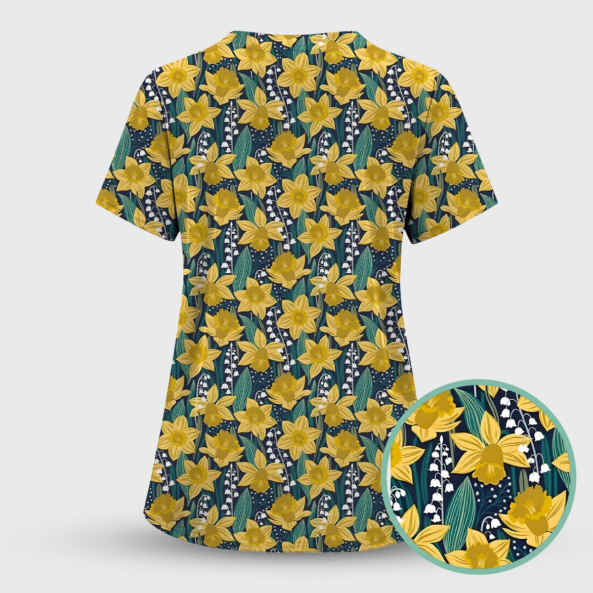 Yellow Daffodil Lily Valley Pattern Scrub Top, Comfortable Scrubs for Nurses
