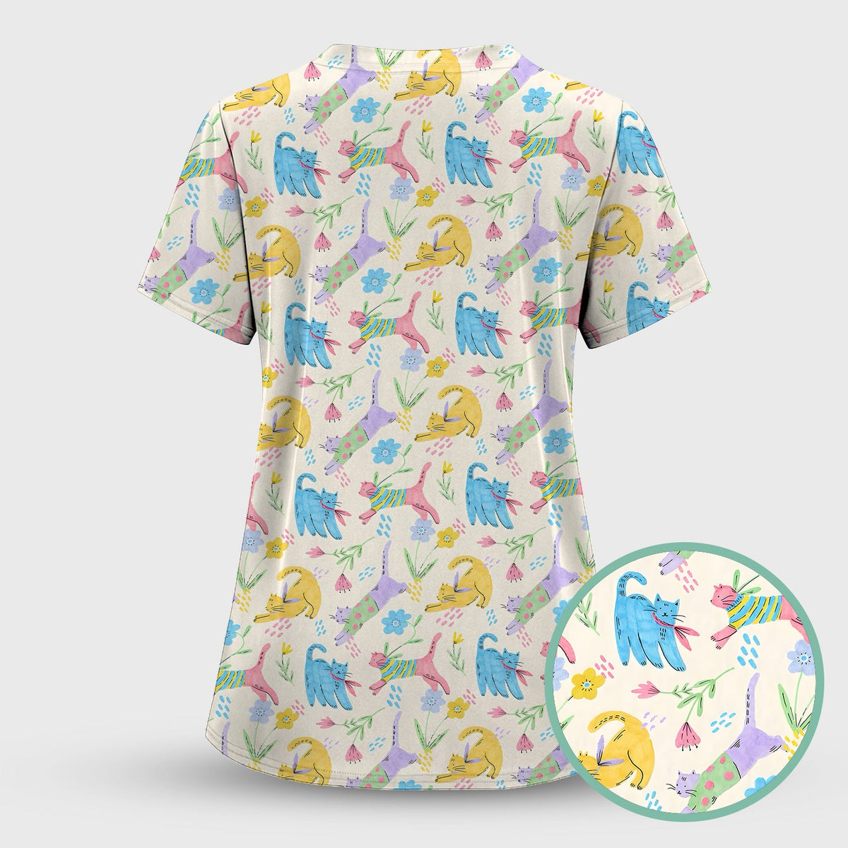 Colorful Cat Floral Nurse Scrub Set