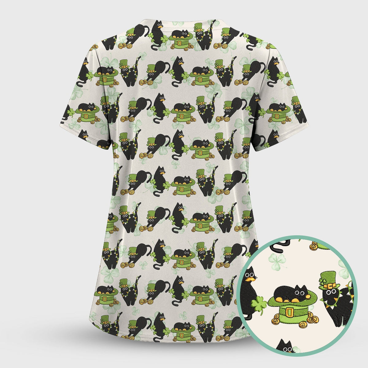 St Patrick Black Cat Clover Nurse Scrub Set