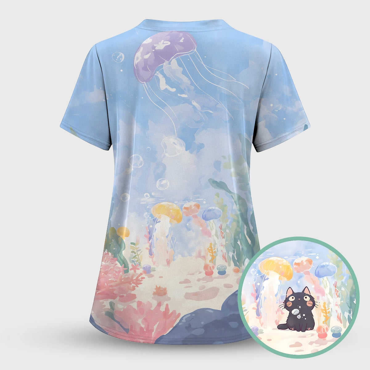 Underwater Black Cat Jellyfish Nurse Scrub Top