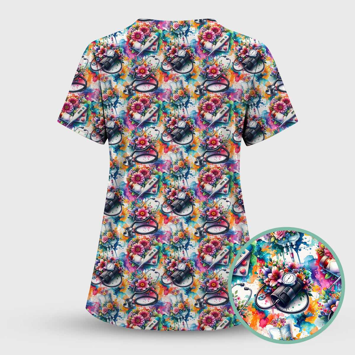 Colorful Medical Tools Floral Nurse Scrub Set
