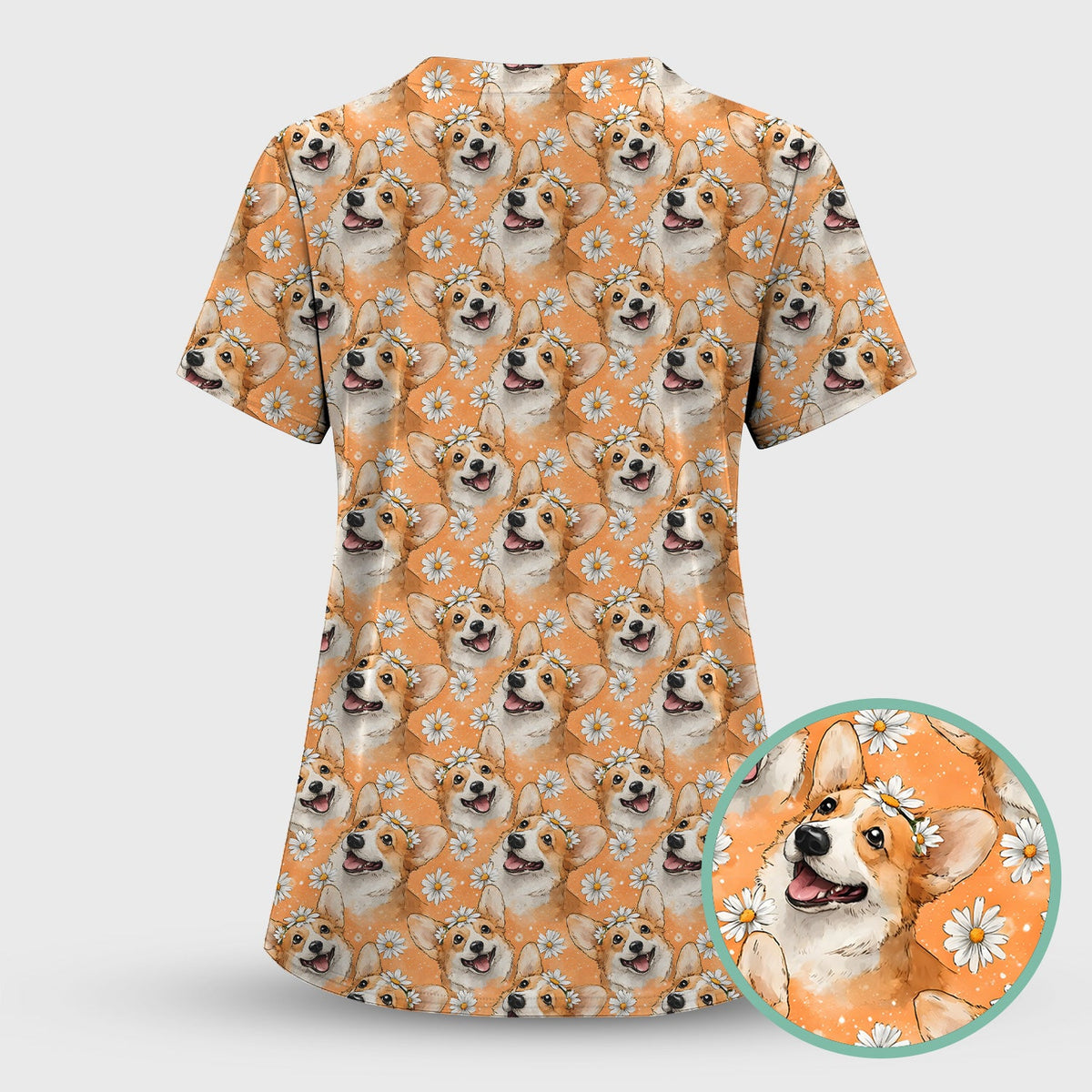 Corgi Daisy Floral Orange Nurse Scrub Set