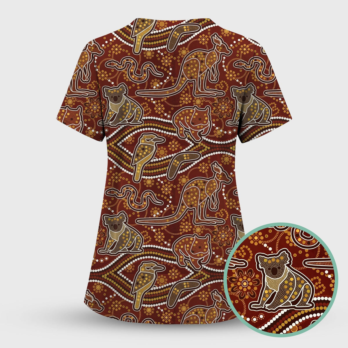 Australian Kangaroo Koala Aboriginal Nurse Scrub Top
