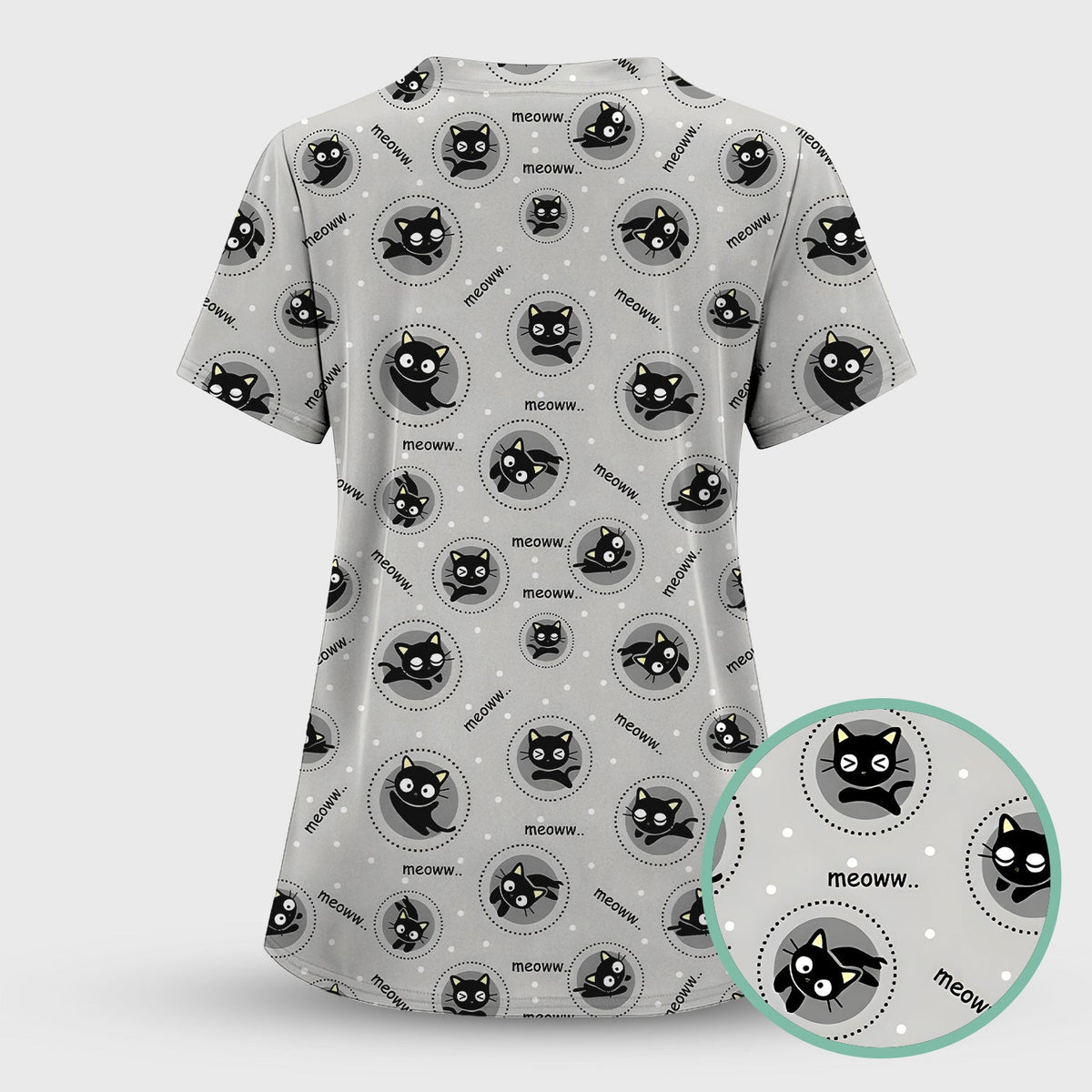 Black Cat Meow Nurse Scrub Top