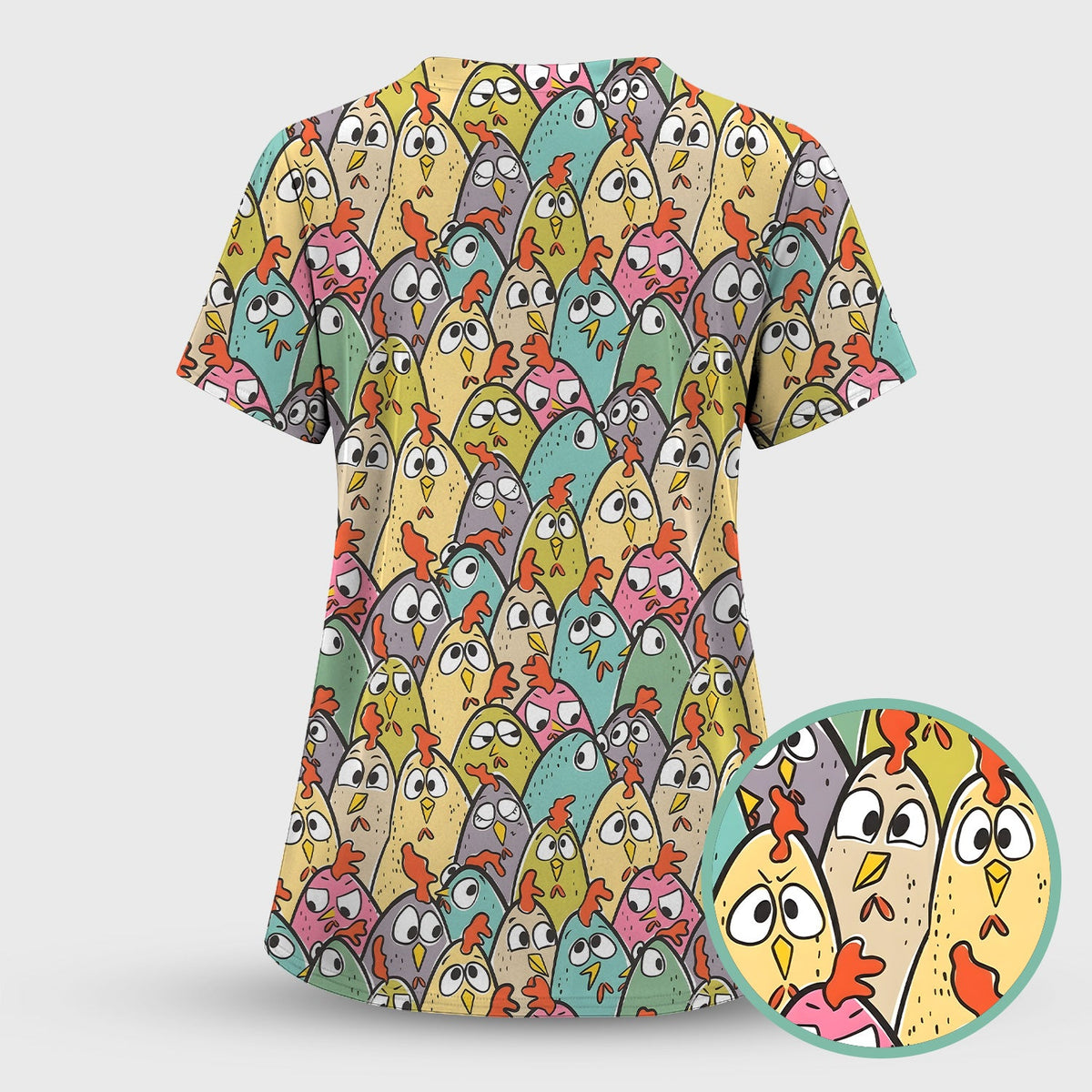 Cartoon Chicken Crowd Nurse Scrub Top