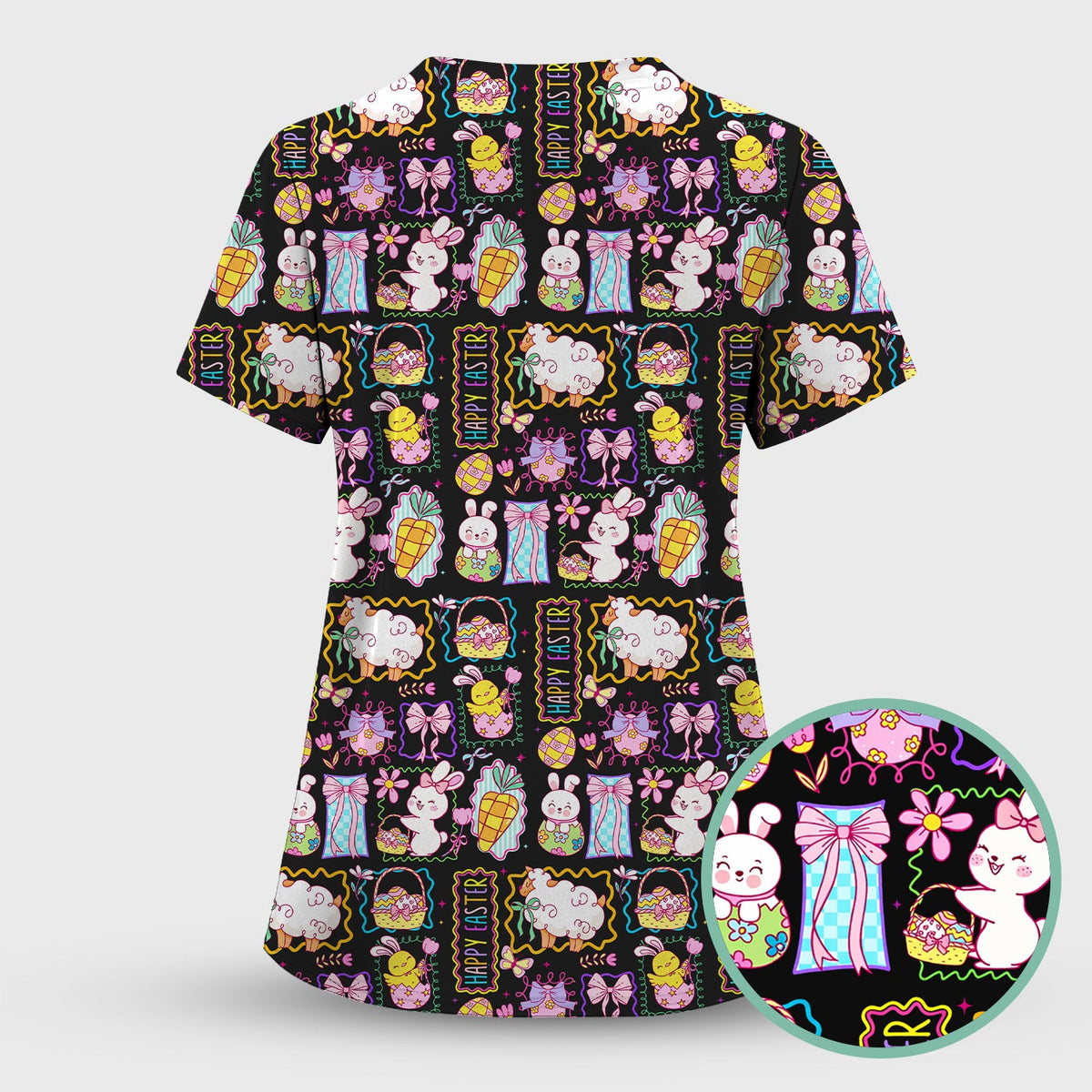 Cute Easter Bunny Egg and Bow Print Scrub Set, Scrub Pants and V Neck Top