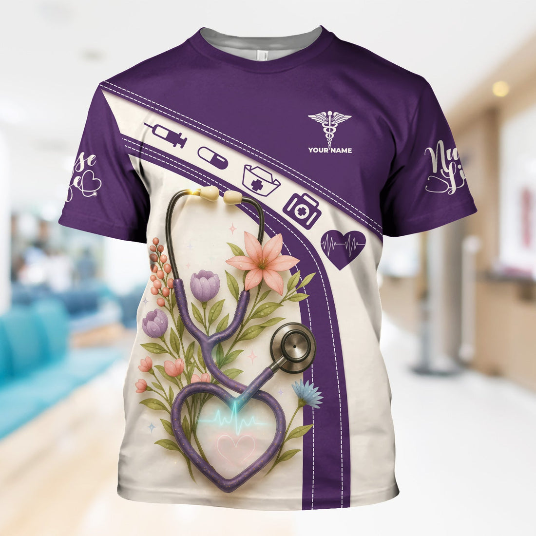 Personalized Floral Stethoscope Purple Heart Nurse Scrub Top