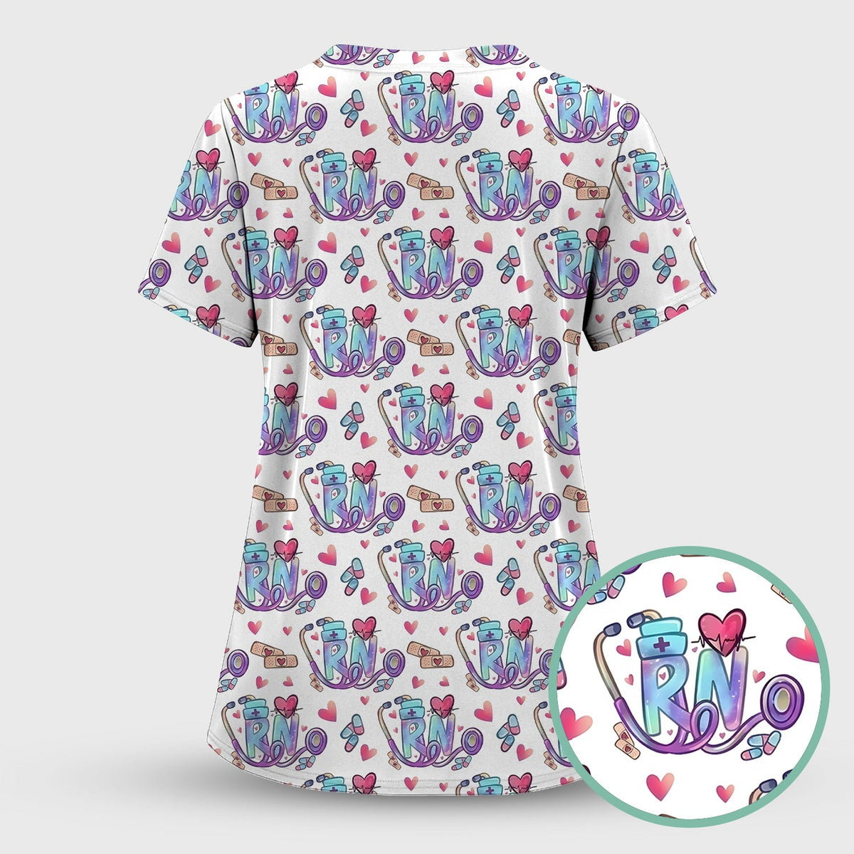 Nurse Life RN Heart Pattern Scrub Set, Scrub Pants and V Neck Top