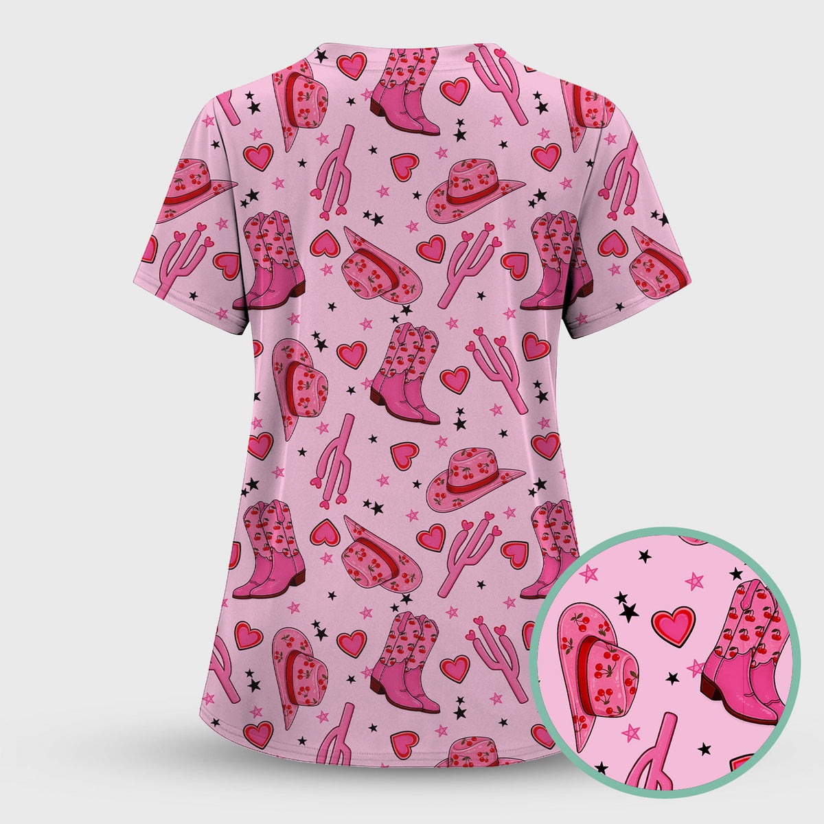 Pink Cowgirl Western Boots Hat Pattern Scrub Set, Scrub Pants and V Neck Top
