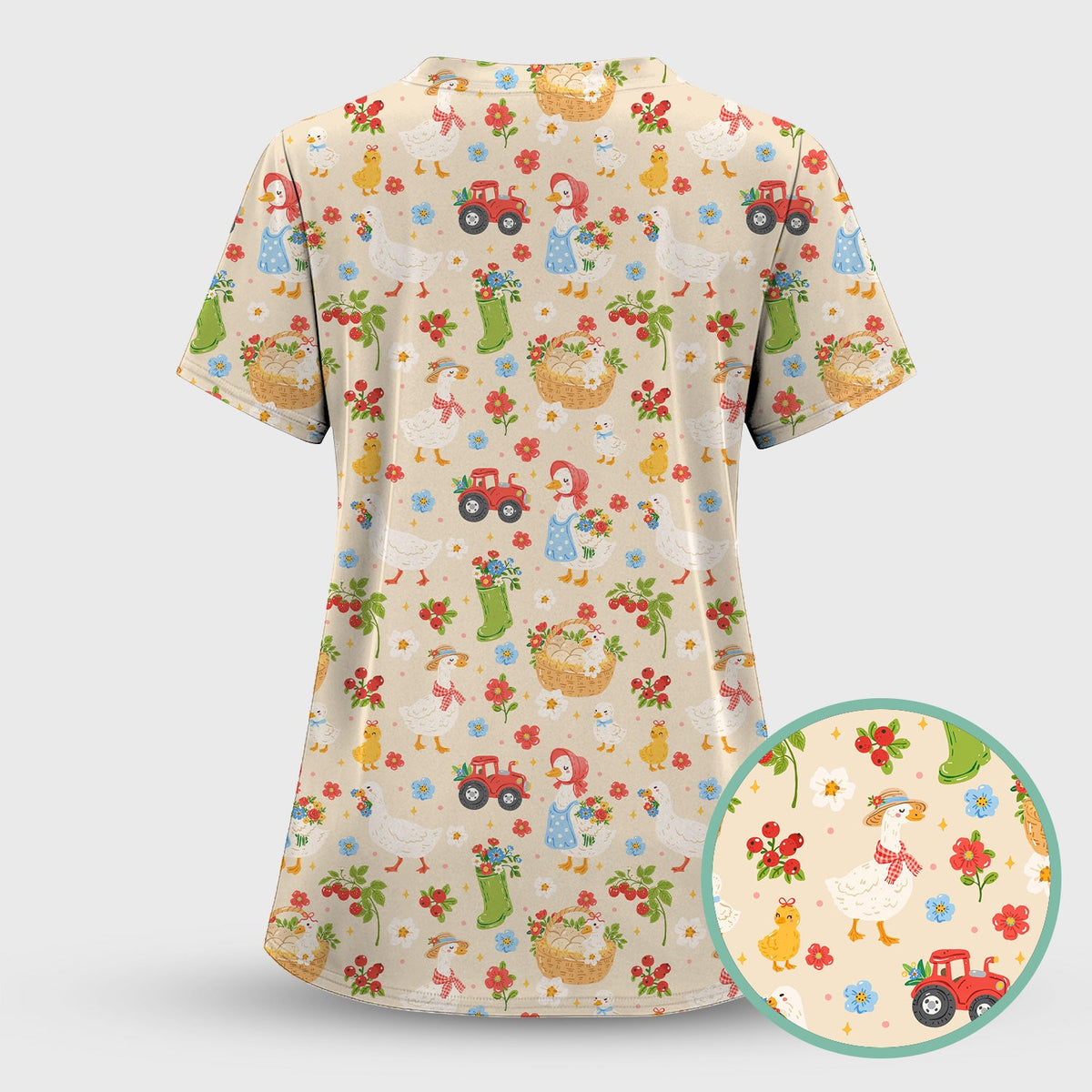 Farm Duck Chicken Tractor Flower Basket Nurse Scrub Top