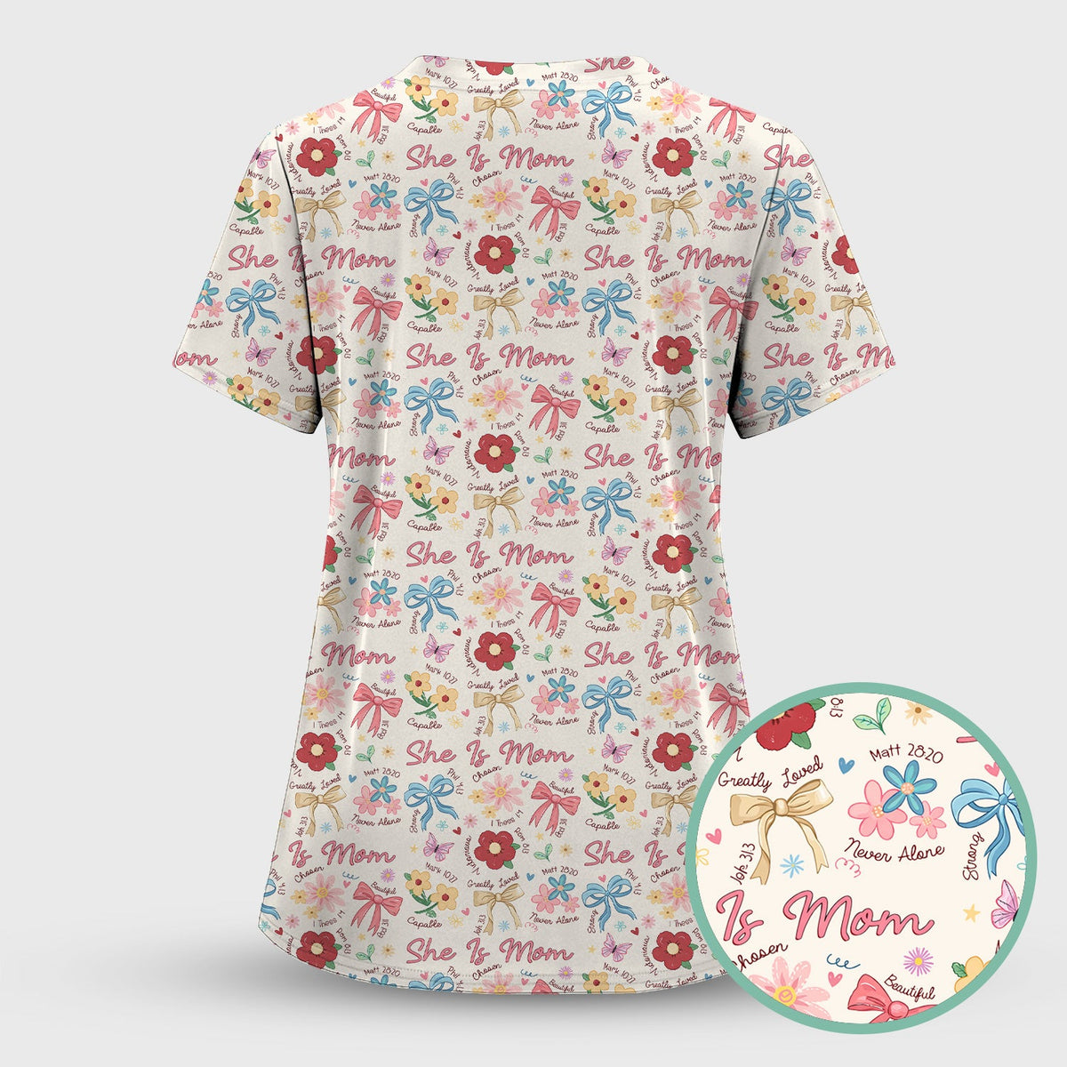 She Is Mom Flower Bow Nurse Scrub Set