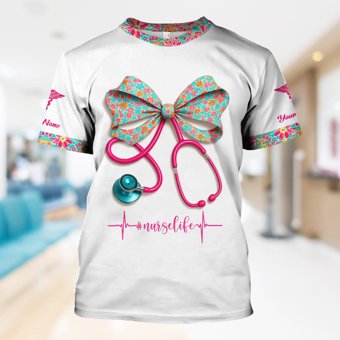 Personalized Floral Bow Heartbeat Nurse Shirt