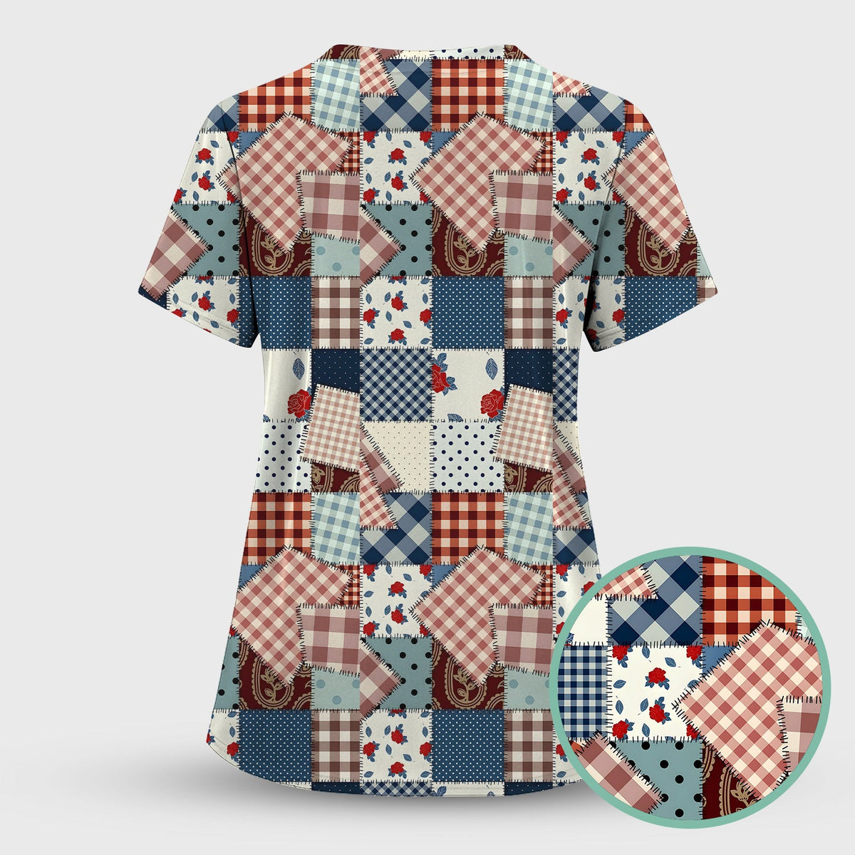 Retro Patchwork Plaid Quilt Nurse Scrub Top