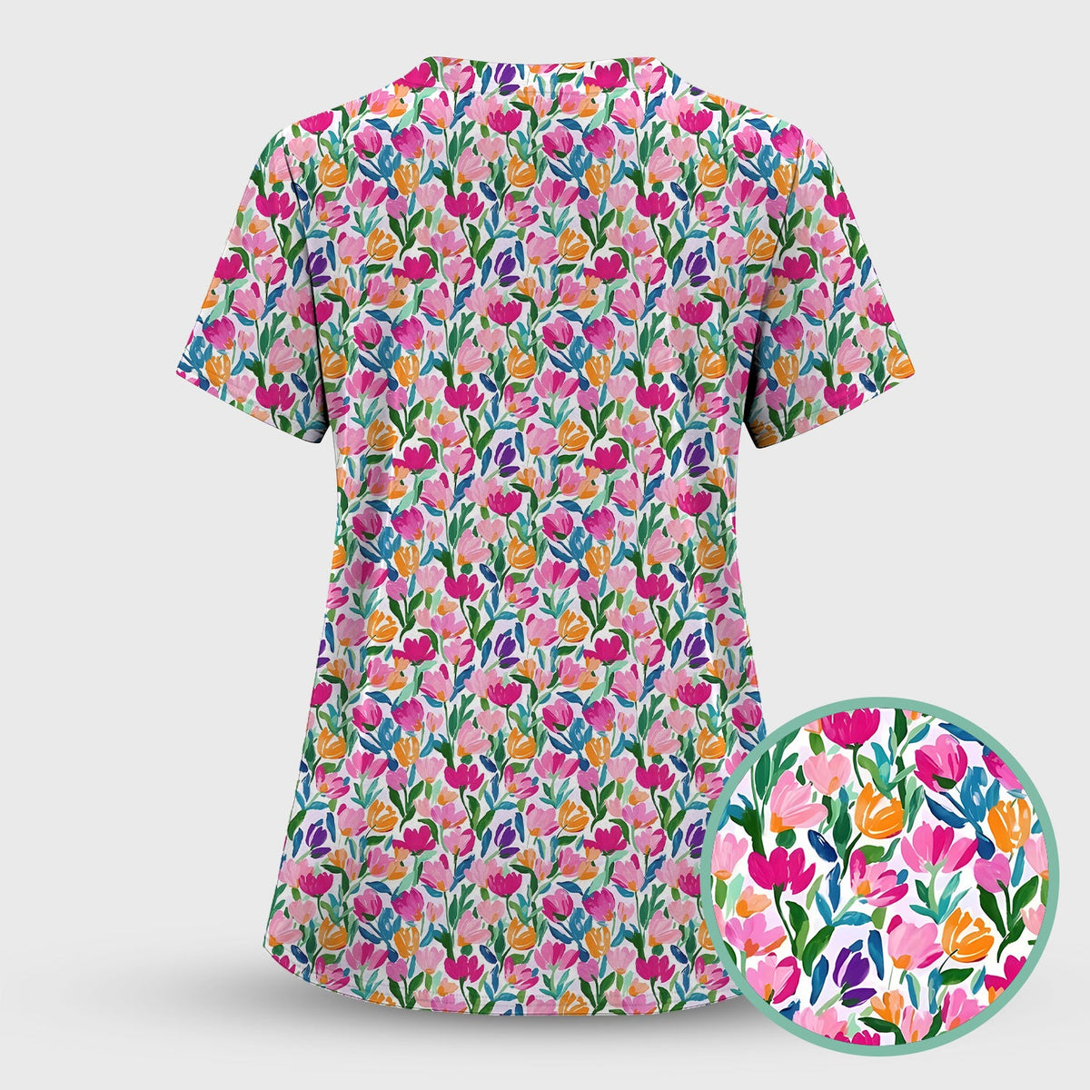 Vibrant Tulip Meadow Pattern Scrub Set, Scrub Pants and V Neck Top